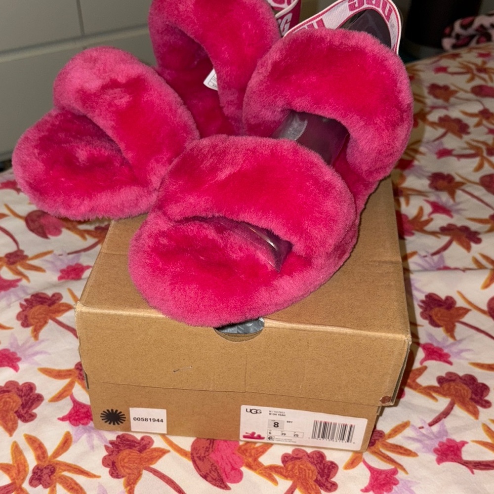 UGG Vibrant Pink Fluffy Slides
